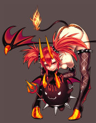Rule 34 | 1girl, :3, ass, bent over, breasts, butt crack, character request, demon girl, demon horns, demon tail, demon wings, envenomist (gengoroumaru), fire, highres, horns, large breasts, looking at viewer, lucent heart, polearm, red eyes, red hair, short hair, simple background, smile, solo, tail, thighhighs, trident, twintails, weapon, wings