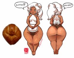 Rule 34 | 1girl, apron, artist name, back, bare shoulders, barefoot, between buttocks, big hair, black panties, blush, breasts, brown eyes, clothes writing, croissant, dark-skinned female, dark skin, earrings, el quijote, english text, female focus, food, full body, highleg, highleg panties, highres, jewelry, long hair, maid apron, meme, multiple views, no nose, original, own hands together, panties, personification, ponytail, reference inset, shiny skin, shirt, small breasts, smile, solo, speech bubble, standing, thick thighs, thighs, twitter username, underwear, white background, white hair, white shirt, wide hips