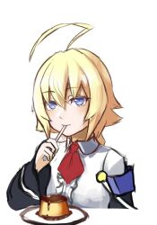 Rule 34 | 1girl, blazblue, blonde hair, blue eyes, eating, es (xblaze), food, looking at viewer, pudding, solo, spoon, white background