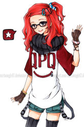 Rule 34 | 1girl, black eyes, bracelet, clothes writing, fashion, fingerless gloves, glasses, gloves, hair ornament, hairclip, jewelry, joanna (mojo!), long hair, open mouth, original, red hair, scarf, shirt, smile, solo, t-shirt, thighhighs, traditional media, watermark