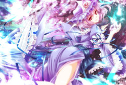 Rule 34 | 1girl, ass, bare legs, bug, butterfly, cherry blossoms, dress, female focus, frills, hat, highres, insect, japanese clothes, light smile, lips, looking back, monety, petals, pink eyes, pink hair, red eyes, ribbon, saigyouji yuyuko, short hair, smile, solo, touhou, triangular headpiece