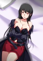 Rule 34 | 1girl, absurdres, bare shoulders, bed, bed sheet, belt, belt buckle, black hair, breasts, buckle, cleavage, closed mouth, collarbone, demon girl, female focus, from above, gloves, half-closed eyes, highres, large breasts, legs together, lips, lipstick, long hair, long sleeves, looking at viewer, lying, makeup, on back, on bed, pencil skirt, pillow, pointy ears, purple lips, red eyes, skirt, solo