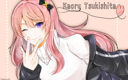Rule 34 | 1boy, black jacket, bow, character name, fingerless gloves, gloves, hair bow, hairband, heart, heart of string, highres, holostars, jacket, kagesorawanko, lips, long hair, looking at viewer, male focus, off shoulder, one eye closed, pink hair, simple background, smile, solo, sweater, tan background, trap, tsukishita kaoru, turtleneck, turtleneck sweater, upper body, v over mouth, very long hair, virtual youtuber, white sweater