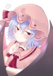Rule 34 | 1girl, ?, ascot, bat wings, black wings, blurry, blurry foreground, blush, closed mouth, collared shirt, commentary request, depth of field, eringi (rmrafrn), frilled shirt collar, frills, hair between eyes, hand up, hat, hat ribbon, highres, mob cap, pink hat, pink shirt, puffy short sleeves, puffy sleeves, purple hair, red ascot, red eyes, remilia scarlet, ribbon, shirt, short sleeves, simple background, solo, spoken question mark, touhou, upper body, white background, wings, wristband