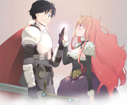 Rule 34 | 10s, 1boy, 1girl, armor, black hair, blue eyes, blush, breasts, cape, cleavage, couple, dress, gloves, large breasts, long hair, maou (maoyuu), maoyuu maou yuusha, profile, red eyes, red hair, smile, sword, touge hiro, very long hair, weapon, yuusha (maoyuu)
