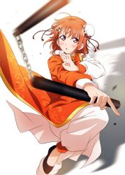 Rule 34 | 1girl, absurdres, ahoge, asymmetrical clothes, blush, bun cover, chain, chinese clothes, double bun, fighting stance, hair bun, highres, holding, holding nunchaku, holding weapon, kougi hiroshi, leg up, looking at viewer, love live!, love live! sunshine!!, nunchaku, orange hair, red eyes, short hair, simple background, solo, swinging, takami chika, traditional clothes, weapon, white background