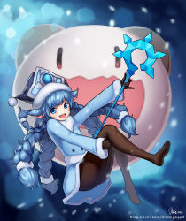 Rule 34 | 1girl, :d, absurdres, alternate costume, alternate skin color, black gloves, black pantyhose, blue eyes, braid, dduck kong, gloves, hat, highres, holding, holding staff, league of legends, lee-seok ho, long hair, looking at viewer, low-tied long hair, lulu (league of legends), multiple braids, naver username, no shoes, open mouth, pantyhose, poro (league of legends), signature, smile, staff, twin braids, twintails, watermark, web address, winter wonder lulu, yordle