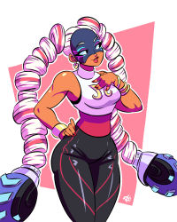 Rule 34 | 1girl, absurdres, arms (game), artist logo, bare arms, bare shoulders, black eyes, bracelet, commentary, cowboy shot, dark skin, dark-skinned female, dated, drill hair, earrings, english commentary, eyelashes, fingernails, hand on own hip, hand on own chest, hand up, high-waist pants, highres, jewelry, lips, long hair, looking to the side, mask, multicolored hair, nail polish, pants, parted lips, pink hair, ravenousruss, red hair, red nails, shirt, sleeveless, sleeveless shirt, smile, solo, standing, turtleneck, twin drills, twintails, twintelle (arms), two-tone hair, very long hair