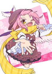 Rule 34 | 1girl, animal ears, bird ears, bird wings, blush, brown dress, brown headwear, brown socks, commission, dress, fang, fingernails, frilled dress, frilled sleeves, frills, full body, green nails, kneehighs, long fingernails, long sleeves, mystia lorelei, nail polish, one eye closed, open mouth, pink hair, scarf, short hair, simple background, skeb commission, smile, socks, solo, touhou, white background, white wings, wide sleeves, winged hat, wings, yamabuki (yusuraume), yellow eyes, yellow scarf
