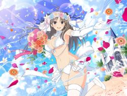 Rule 34 | 1girl, ahoge, animal, armpits, balloon, bird, bird wings, black ribbon, blue flower, blue rose, blue sky, blush, bouquet, bow, bra, breasts, bridal lingerie, bride, brown eyes, brown hair, bun cover, bush, church, cleavage, cloud, day, detached collar, double bun, dress, earrings, elbow gloves, feathered wings, flock, flower, gloves, groin, hair bow, hair bun, hair flower, hair ornament, hair ribbon, heart, high heels, highres, holding, holding bouquet, holding flower, jewelry, lace, large breasts, leaf, lens flare, linea alba, lingerie, long hair, looking at viewer, multicolored flower, multicolored rose, navel, necklace, official alternate costume, official art, open mouth, orange flower, orange rose, outdoors, palm leaf, palm tree, panties, pearl necklace, petals, pink bow, pink flower, pink rose, pumps, reaching, reaching towards viewer, red flower, red rose, renka (senran kagura), ribbon, rose, rose petals, running, sand, seagull, senran kagura, senran kagura estival versus, senran kagura new link, sky, smile, solo, stairs, steeple, teeth, thighhighs, tomoe (symbol), tongue, tree, underboob, underwear, water, water drop, wedding dress, white bow, white bra, white flower, white footwear, white gloves, white panties, white ribbon, white rose, window, wings, yaegashi nan, yellow flower, yellow rose