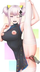 Rule 34 | 1girl, ;d, alternate costume, alternate hairstyle, anus, black dress, blue eyes, breasts, censored, china dress, chinese clothes, disembodied hand, dress, fingering, flexible, ginhaha, hair bun, hair ornament, heart, heart-shaped pupils, kaguya luna, large breasts, leg up, looking at viewer, mosaic censoring, nipple cutout, nipples, no panties, one eye closed, open mouth, pussy, pussy juice, saliva, silver hair, single hair bun, smile, solo focus, split, standing, standing on one leg, standing split, symbol-shaped pupils, the moon studio, thighhighs, torn clothes, virtual youtuber, white thighhighs
