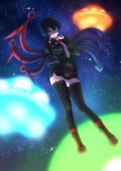 Rule 34 | 1girl, absurdres, asymmetrical wings, black hair, black thighhighs, boots, breasts, cameltoe, cross-laced footwear, highres, houjuu nue, kezune (i- -i), lace-up boots, miniskirt, panties, pantyshot, red eyes, short hair, skirt, sky, snake, solo, thighhighs, touhou, underwear, upskirt, white panties, wings