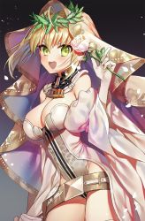 Rule 34 | :d, ahoge, bad id, bad twitter id, belt, blonde hair, blush, branch, breasts, cleavage, cowboy shot, detached collar, detached sleeves, elbow gloves, fate/grand order, fate (series), gambe, gloves, green eyes, hair between eyes, highres, holding, holding branch, jewelry, large breasts, laurel crown, leotard, lock, looking at viewer, necklace, nero claudius (bride) (fate), nero claudius (bride) (third ascension) (fate), nero claudius (fate), nero claudius (fate) (all), open mouth, smile, solo, standing, thighhighs, v-shaped eyebrows, veil, white gloves, white leotard, white thighhighs, wide sleeves