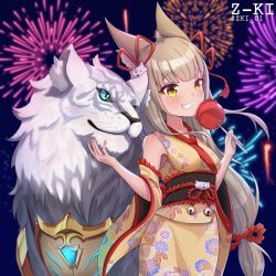 Rule 34 | 1boy, 1girl, alternate costume, animal ears, blunt bangs, breasts, cat ears, dromarch (xenoblade), firework background, food, highres, japanese clothes, kimono, long hair, nia (blade) (xenoblade), nia (xenoblade), small breasts, smile, very long hair, xenoblade chronicles (series), xenoblade chronicles 2, yellow eyes, z-ki