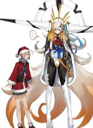 Rule 34 | ..., 1boy, 1girl, ascot, belt, belt buckle, black belt, black cape, black gloves, blue hair, bodysuit, box, braid, brown footwear, brown hair, buckle, cape, christmas, christmas present, closed eyes, closed mouth, commentary request, fate/grand order, fate (series), fur-trimmed cape, fur-trimmed headwear, fur-trimmed jacket, fur-trimmed sleeves, fur trim, fuyotan, gift, gift box, gloves, gradient hair, hair ornament, hat, highres, holding, holding gift, horns, jacket, long hair, marine nemo (fate), medium hair, multicolored hair, nemo (fate), olga marie animusphere, open mouth, orange hair, red ascot, red headwear, red jacket, santa costume, santa hat, shoes, side braid, simple background, single horn, smile, two-tone hair, u-olga marie, very long hair, white background, white footwear, white hair, yellow eyes, yellow horns