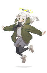 Rule 34 | 1girl, baseball cap, black pantyhose, black scarf, blue archive, full body, green eyes, green jacket, grey footwear, grey hair, hakasesuitchi, halo, hare (blue archive), hare (camp) (blue archive), hat, hood, hooded jacket, jacket, jumping, long hair, long sleeves, looking at viewer, open clothes, open jacket, open mouth, pantyhose, ponytail, scarf, shoes, simple background, sneakers, solo, white background, white hat