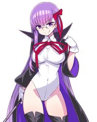 Rule 34 | &gt;:), 10s, 1girl, bb (fate), bb (fate/extra), bespectacled, black thighhighs, boots, breasts, chan co, contrapposto, covered navel, cowboy shot, fate/extra, fate/extra ccc, fate (series), glasses, gloves, hair ribbon, holding, holding wand, jacket, large breasts, leotard, long hair, pointer, purple eyes, purple hair, ribbon, simple background, solo, standing, taut leotard, thigh boots, thighhighs, v-shaped eyebrows, wand, white background, white gloves, wide sleeves