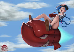 Rule 34 | 1girl, :d, all star, bag, blue hair, bra strap, braid, cloud, converse, day, earrings, hat, jewelry, jinx (league of legends), league of legends, lips, long hair, md5 mismatch, open mouth, philip maslennikov, red eyes, rocket, shirt, shoes, shorts, sitting, sky, smile, sneakers, solo, striped clothes, striped shirt, teeth, thighs, tongue, twin braids, very long hair