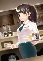 Rule 34 | 1girl, :&gt;, aqua necktie, aqua skirt, badge, blurry, blurry background, breasts, brown eyes, brown hair, button badge, chalkboard, coffee cup, coffee pot, condensation, cup, disposable cup, hair ornament, hairclip, highres, holding, holding tray, indoors, korehide kaku, long hair, looking at viewer, medium breasts, name tag, necktie, original, ponytail, shelf, shirt, skirt, smile, solo, standing, sweatdrop, tea, tray, v, white shirt