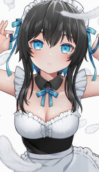 Rule 34 | 1girl, apron, arms up, black collar, black dress, black hair, blue bow, blue eyes, blue hair, bow, breasts, cleavage, collar, collarbone, commentary request, detached collar, dress, feathers, frilled apron, frills, hair between eyes, hair bow, highres, indie virtual youtuber, kurata rine, kuratarine, looking at viewer, maid, maid headdress, medium breasts, multicolored hair, parted lips, simple background, solo, two-tone hair, virtual youtuber, waist apron, white apron, white background, white feathers, wing collar