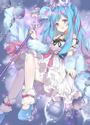 Rule 34 | 1girl, blue footwear, blue hair, braid, crystal, duel monster, full body, fur scarf, gradient hair, highres, holding, holding staff, kikistark, lace trim, long hair, looking at viewer, multicolored hair, pantyhose, purple eyes, rilliona (yu-gi-oh!), side braid, smile, staff, thighhighs, very long hair, white pantyhose, witchcrafter madame verre, yu-gi-oh!