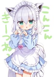 Rule 34 | 1girl, aged down, ahoge, animal ear fluff, animal ears, apron, blue dress, blush, braid, commentary request, dress, earrings, fox ears, fox girl, fox tail, green eyes, hair between eyes, heart, heart hands, highres, hololive, jewelry, long hair, long sleeves, looking at viewer, maid apron, maid headdress, name tag, noi mine, open mouth, shirakami fubuki, sidelocks, simple background, single braid, solo, tail, translation request, virtual youtuber, white background, white hair
