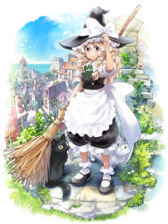 Rule 34 | 1girl, bird, black dress, blonde hair, blue sky, boat, bobby socks, braid, broom, cat, day, dress, female focus, flower, grass, grey eyes, hair ribbon, hand on headwear, hat, highres, kirisame marisa, mary janes, matsuda (matsukichi), ocean, plant, puffy pants, ribbon, sailboat, seagull, shoes, sky, smile, socks, solo, stairs, standing, touhou, town, vines, watercraft, witch, witch hat