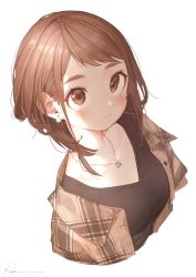 Rule 34 | 1girl, bad id, bad twitter id, black shirt, blush, boku no hero academia, brown eyes, brown hair, brown shirt, closed mouth, collarbone, collared shirt, cropped torso, dress shirt, earrings, from above, highres, jewelry, looking at viewer, looking up, medium hair, necklace, open clothes, open shirt, pearl earrings, ryota (ry o ta), shirt, sidelocks, signature, simple background, solo, striped clothes, striped shirt, swept bangs, unbuttoned, unbuttoned shirt, upper body, uraraka ochako, white background