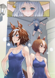 Rule 34 | 3girls, animal ears, arms at sides, bamboo memory (umamusume), blue eyes, breasts, brown hair, closed mouth, collarbone, comic, competition school swimsuit, covered navel, grey hair, hair between eyes, heavy breathing, hiding, highres, hishi miracle (umamusume), horse ears, horse tail, medium breasts, multiple girls, nabe puyo, open mouth, school swimsuit, searching, small breasts, sweatdrop, swimsuit, tail, tracen swimsuit, umamusume, wall, yaeno muteki (umamusume)