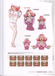 Rule 34 | 1girl, ace attorney, angry, april may, blush, breasts, brown eyes, capcom, cleavage, concept art, crazy eyes, edaki shin&#039;ya, flipped hair, hat, high heels, highres, nail polish, needle, nurse, nurse cap, official art, pantyhose, paw pose, phoenix wright: ace attorney, pink hair, scan, short hair, smile, white background, white pantyhose
