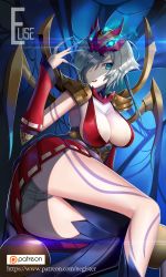 Rule 34 | 1girl, alternate costume, arthropod girl, artist name, ass, blood moon elise, blue eyes, breasts, character name, cleavage, elise (league of legends), hair over one eye, insect girl, large breasts, league of legends, negister, panties, pantyshot, silver hair, solo, spider girl, underwear