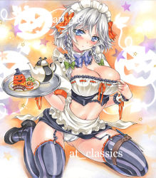 Rule 34 | 1girl, adapted costume, alternate costume, apron, at classics, black thighhighs, blue eyes, blush, bow, braid, breasts, cameltoe, cleavage cutout, clothing cutout, cookie, crop top, female focus, food, garter straps, hair bow, halloween, izayoi sakuya, jack-o&#039;-lantern, knife, large breasts, looking at viewer, maid, maid apron, maid headdress, miniskirt, panties, short hair, silver hair, skirt, solo, star (symbol), striped clothes, striped thighhighs, teapot, thighhighs, touhou, tray, twin braids, underwear, vertical-striped clothes, vertical-striped thighhighs, waist apron, white panties