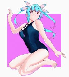 Rule 34 | 1girl, barefoot, blue hair, blue one-piece swimsuit, breasts, closed mouth, full body, gradient hair, hair ribbon, highres, i-19 (kancolle), kantai collection, large breasts, long hair, multicolored hair, name tag, ojipon, one-piece swimsuit, people, pink background, pink eyes, pink hair, ribbon, school swimsuit, simple background, solo, spread toes, swimsuit, toes, tri tails, white background