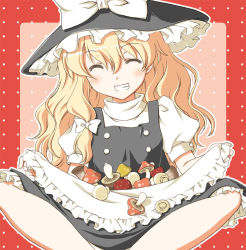 Rule 34 | 1girl, apron, bad id, bad pixiv id, blonde hair, blush, bow, closed eyes, female focus, grin, hat, indian style, kirisame marisa, long hair, mushroom, plant, sitting, skirt basket, smile, solo, takano ui, touhou, witch, witch hat