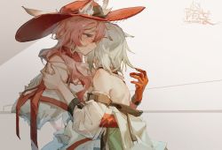 Rule 34 | 2girls, animal ear fluff, animal ears, arknights, bare shoulders, blue eyes, blush, brown hair, cat ears, cat girl, closed mouth, dress, ears through headwear, gloves, hand on another&#039;s shoulder, hat, heidi (arknights), height difference, highres, kal&#039;tsit (arknights), long hair, moyu marginal, multiple girls, off-shoulder dress, off shoulder, short hair, silver hair, yuri