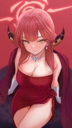 Rule 34 | 1girl, absurdres, aru (blue archive), aru (dress) (blue archive), blue archive, blush, breasts, brown horns, cleavage, closed mouth, cowboy shot, demon horns, dress, earrings, gloves, halo, highres, horns, jewelry, large breasts, long hair, necklace, ni tamago sando, official alternate costume, pink hair, pink halo, red background, red dress, simple background, solo, strapless, strapless dress, white gloves, yellow eyes