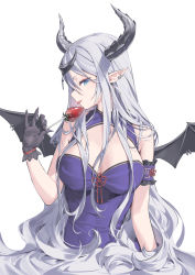 Rule 34 | 1girl, :p, absurdres, bare shoulders, black gloves, blue eyes, breasts, cleavage, commentary, commission, demon horns, demon wings, dress, food, gloves, grey hair, hand up, highres, holding, holding food, horns, kitada mo, large breasts, long hair, original, pointy ears, purple dress, simple background, solo, symbol-only commentary, tongue, tongue out, upper body, very long hair, white background, wings