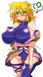 Rule 34 | 1girl, ?, adapted costume, bare shoulders, blonde hair, blue thighhighs, blush, breasts, green eyes, highres, large breasts, leotard, mizuhashi parsee, parody, pointy ears, rindou (p41neko), solo, spoken question mark, taimanin (series), taimanin suit, thighhighs, touhou