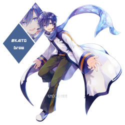 Rule 34 | 1boy, artist name, belt, blue eyes, blue hair, blue nails, blue scarf, brown pants, character name, coat, commentary, derivative work, full body, hana (mew), hashtag, headset, highres, kaito (vocaloid), leg up, looking at viewer, male focus, nail polish, open mouth, outstretched arms, pants, projected inset, scarf, smile, solo, standing, vocaloid, vocaloid boxart pose, white background, white coat, white footwear