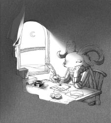 Rule 34 | envelope, closed eyes, furry, goat, horns, inkwell, monochrome, moon, original, paper, parallela66, quill, window, writing