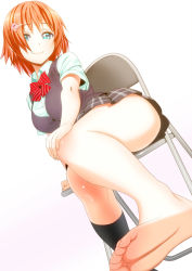 Rule 34 | 1girl, bad id, bad pixiv id, barefoot, blue eyes, bow, bowtie, breasts, chair, feet, folding chair, foreshortening, hair ornament, hairclip, large breasts, legs, orange hair, plaid, plaid skirt, pleated skirt, short hair, simple background, single sock, sitting, skirt, smile, socks, soles, solo, source request, toes, vest, white background, yamamoto nanashiki