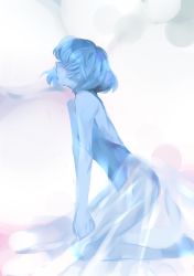 Rule 34 | 1girl, bad id, bad twitter id, blue hair, blue pearl (steven universe), blue skin, chuong, colored skin, female focus, gradient background, hair over face, long skirt, see-through, see-through skirt, short hair, skirt, solo, steven universe, thighs, white background