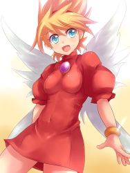 Rule 34 | 1girl, angel wings, blonde hair, blue eyes, breasts, breath of fire, breath of fire iii, brooch, covered navel, dress, hairband, jewelry, kitayama miuki, nina (breath of fire iii), open mouth, short hair, smile, solo, tongue, white wings, wings