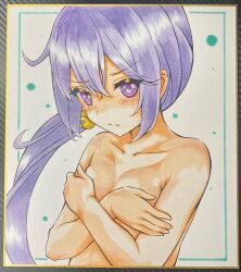 Rule 34 | 1girl, akebono (kancolle), bell, breasts, closed mouth, collarbone, commentary request, covering privates, covering breasts, crossed arms, dakkusu, hair bell, hair between eyes, hair ornament, jingle bell, kantai collection, long hair, looking at viewer, marker (medium), nude, photo (medium), purple eyes, purple hair, shikishi, small breasts, solo, traditional media, upper body