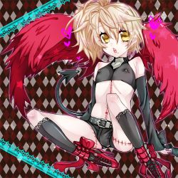 Rule 34 | benio, blonde hair, bulge, covered erect nipples, detached sleeves, high heels, male focus, mole, open mouth, ponytail, scar, shoes, shorts, side ponytail, sitting, solo, tail, trap, wings, yellow eyes, zone-00
