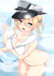 Rule 34 | 1girl, alternate costume, anchor choker, anchor hair ornament, aqua eyes, bare arms, bare shoulders, bikini, blonde hair, blush, breast hold, breasts, check commentary, cleavage, commentary request, cosplay, hair ornament, hat, highres, kantai collection, large breasts, long hair, nebusoku, open mouth, peaked cap, prinz eugen (kancolle), sailor bikini, sailor collar, sideboob, solo, swimsuit, z3 max schultz (kancolle) (cosplay), z3 max schultz (kancolle)