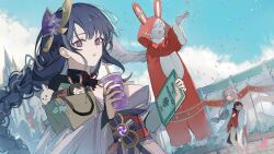 Rule 34 | 2girls, baron bunny (genshin impact), blue sky, braid, bridal gauntlets, cloud, cloudy sky, cup, dodoco (genshin impact), drinking straw, dvalin (genshin impact), ellygretta, genshin impact, hair ornament, highres, holding, holding cup, japanese clothes, long hair, long sleeves, looking at viewer, mole, mole under eye, multiple girls, obi, outdoors, parted lips, pink hair, purple eyes, purple hair, purple nails, raiden shogun, sash, sky, standing, wide sleeves, yae miko
