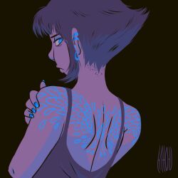 Rule 34 | 1girl, back tattoo, blue nails, commentary, ear piercing, english commentary, from side, highres, l-a-l-o-u, lapis lazuli (steven universe), piercing, short hair, solo, spaghetti strap, steven universe, tattoo