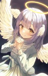 Rule 34 | 1girl, absurdres, angel, angel wings, blush, brown eyes, closed mouth, commentary, dress, feathered wings, green dress, grey hair, halo, han seol, head wings, highres, huge filesize, long hair, long sleeves, looking at viewer, original, own hands clasped, own hands together, puffy long sleeves, puffy sleeves, smile, solo, symbol-only commentary, white wings, wings