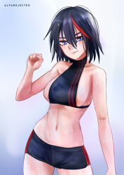 Rule 34 | 1girl, absurdres, alfarejected, armpits, bare shoulders, black hair, blue eyes, blush, breasts, clenched hand, curvy, gradient background, hair between eyes, highres, kill la kill, looking at viewer, matoi ryuuko, medium breasts, messy hair, multicolored hair, navel, panties, short hair, short shorts, shorts, sideboob, signature, simple background, smile, stomach, streaked hair, sweat, trigger (company), two-tone hair, underwear, upper body, wet, wet hair